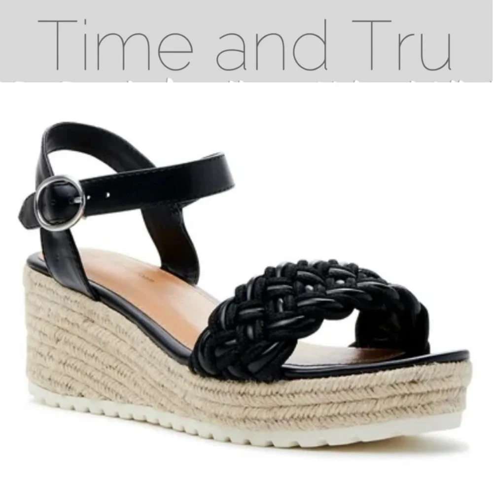 TIME AND TRU WOMENS BLACK BRAIDED ANKLE STRAP ESPADRILLE PLATFORM WEDGES **NWT**